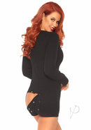 Woman wearing Leg Avenue black long johns romper with cheeky back flap, showcasing cozy and flirty design for lounging or playful nights.