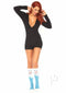 Woman wearing Leg Avenue Sweet Dreams Long Johns Romper in black with deep-V front, paired with fun socks, posing playfully.