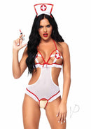 Leg Avenue Naughty Nurse 2 Piece Costume Set White Red model wearing a playful nurse outfit with syringe.