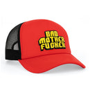 Wood Rocket Bad Mother Fucker Snapback Trucker Hat in red with bold graphic, perfect for casual wear.