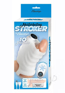 Masturbating Stroker Silicone Rechargeable Masturbator White package featuring a plush tunnel and 10-function bullet.
