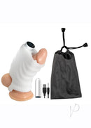 Masturbating Stroker Silicone Rechargeable Masturbator White with 10-function bullet and storage bag.