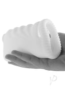 Masturbating Stroker Silicone Rechargeable Masturbator White held in hand, showcasing its plush-soft texture and design.