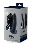 VeDO Diki Vibrating Silicone Dildo with Harness Just Black packaging showcasing features and remote control.