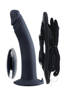 VeDO Diki Vibrating Silicone Dildo with Harness Just Black showing dildo, adjustable harness, and remote.