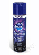 Skins Super Slide Silicone Based Lubricant 4.4 Oz bottle featuring 3-in-1 premium lube and massage oil.