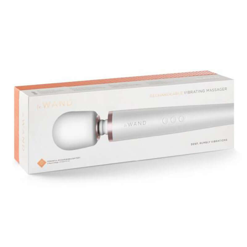 Le Wand Rechargeable Massager Pearl White packaging showing the luxurious wand vibrator and its features.