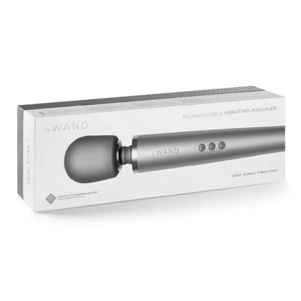 Le Wand Rechargeable Vibrating Massager Grey packaging with a flexible head and control buttons for deep vibrations.