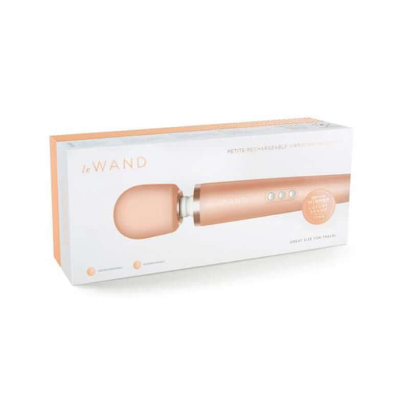 Le Wand Petite Rechargeable Vibrating Massager Rose Gold in elegant packaging, showcasing luxury and functionality.