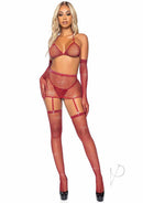 Leg Avenue Rhinestone Fishnet Garter Skirt Set Burgundy worn by a model showcasing a sparkly five-piece outfit.