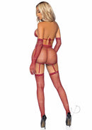 Leg Avenue Rhinestone Fishnet Garter Skirt Set Burgundy featuring a model wearing the skirt set with fishnet and rhinestones.