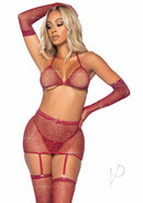 Leg Avenue Rhinestone Fishnet Garter Skirt Set Burgundy worn by a model, showcasing its sparkling design and fishnet style.
