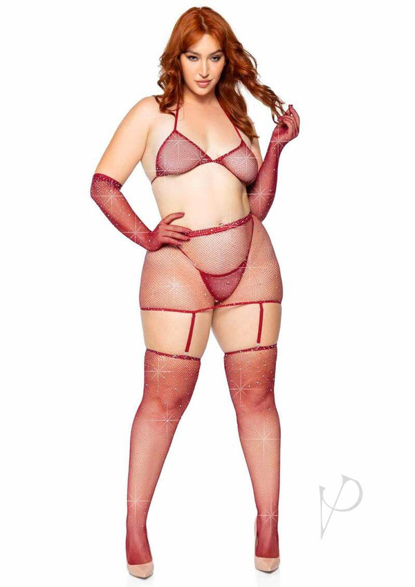 Rhinestone Garter/bikini 5pc 1x-2x Burg-0