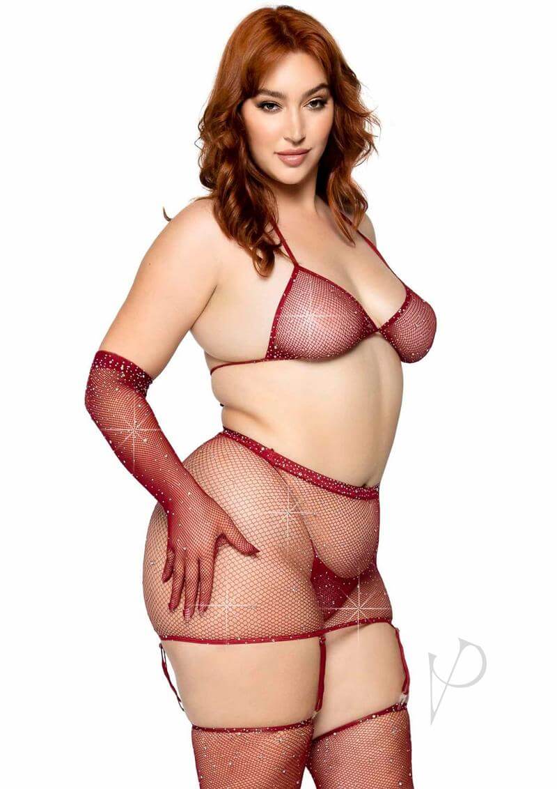 Rhinestone Garter/bikini 5pc 1x-2x Burg-2