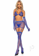 Leg Avenue 5 Piece Rhinestone Fishnet Garter Skirt Set Blue showcasing stunning fishnet and rhinestone design.