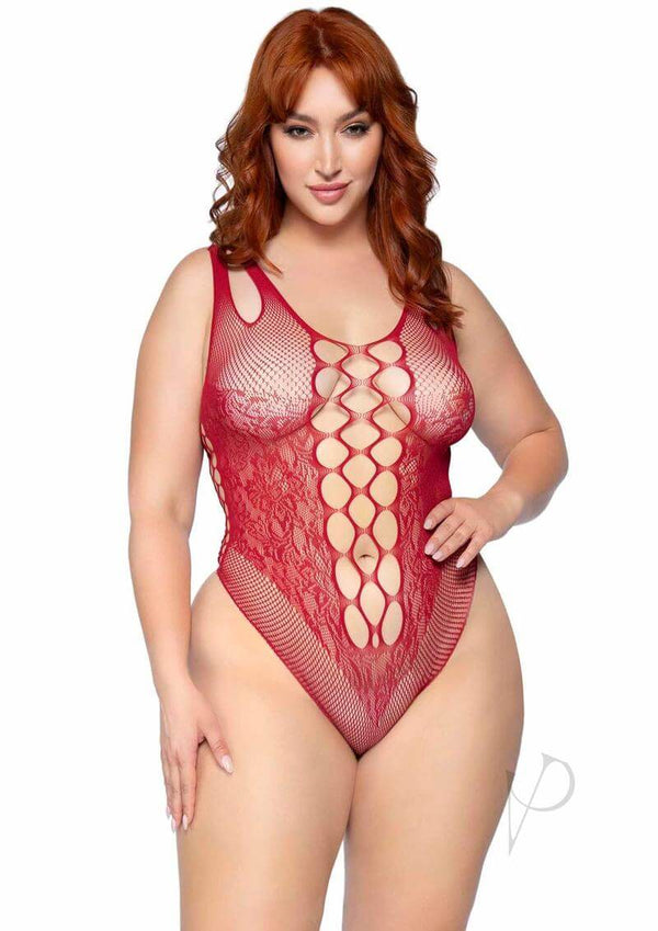 Burgundy plus size seamless net lace bodysuit by Leg Avenue, featuring a plunging front and low back design.
