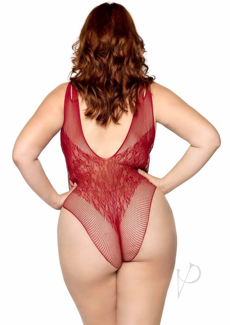 Rear view of a plus size model wearing a burgundy Leg Avenue seamless net lace bodysuit, showcasing its sexy low back design.