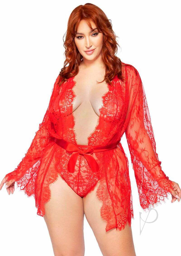 Leg Avenue Floral Lace Teddy and Robe set in red, featuring plunging neckline and scalloped lace trim.