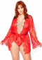 Leg Avenue Floral Lace Teddy and Robe set in red, featuring plunging neckline and scalloped lace trim.