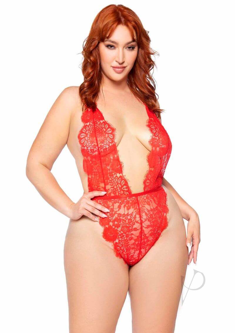Plus size model in red floral lace teddy lingerie, featuring plunging neckline and adjustable straps.