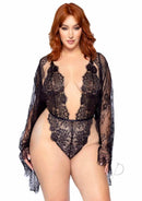 Leg Avenue Floral Lace Teddy and Robe Set 1X/2X Black showcasing a plus-size model in elegant lace.