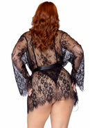 Leg Avenue Floral Lace Teddy and Robe Set 1X/2X Black displayed on a model showcasing the intricate lace design and elegant silhouette.