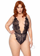Leg Avenue Floral Lace Teddy and Robe Set 1X/2X Black displayed on a model, showcasing the intricate floral lace design.