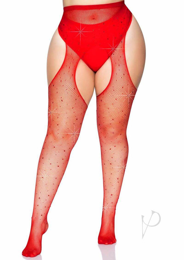 Leg Avenue Crystalized Fishnet Suspender Pantyhose in red with rhinestones and bold cutouts for a glamorous look.