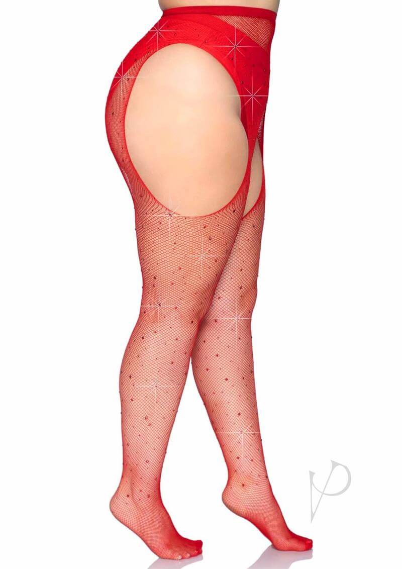 Leg Avenue Crystalized Red Fishnet Suspender Pantyhose with rhinestones in plus sizes 1X 2X.