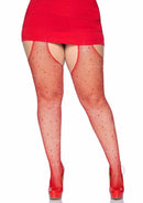 Leg Avenue Crystalized Fishnet Suspender Pantyhose in red, featuring bold cutouts and rhinestones, ideal for a glamorous look.