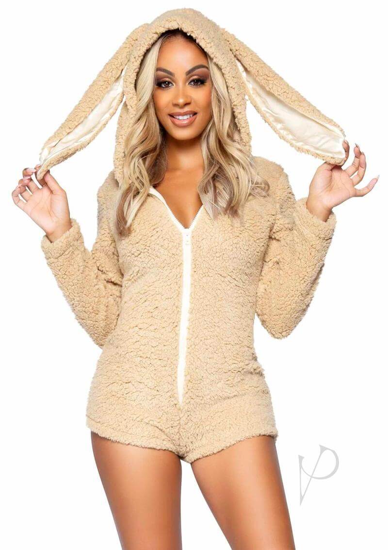 Leg Avenue Cuddle Bunny Costume – Medium Size Beige Fleece Onesie Romper