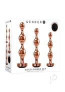 Gender X Gold Digger 3 Piece Anal Plug Set Rose Gold Black packaging featuring three graduated metal plugs.