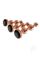 Gender X Gold Digger 3 Piece Anal Plug Set Rose Gold Black showcasing three sleek metal plugs with black gems.