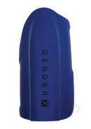 Gender X Ins and Outs Silicone Dildo Stroker Set Blue side view of the blue stroker with logo on it.