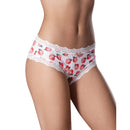 Sweet Treats Crotchless Boy Short with Lube Peach L/XL featuring peach print and lace trim.
