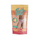 Sweet Treats Crotchless Boy Short with Lube Peach L/XL packaging featuring a peach design and satin-soft boy short.