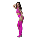 Magic Silk Seamless Bra Garter Stocking G-string Set Pink featuring a model in a seductive pose showcasing the lingerie set.