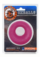 Oxballs Bigger Ox Silicone Cock Ring Hot Pink Ice packaging displaying a plush pink cock ring design.