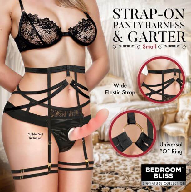 Bedroom Bliss Belle Strap On Panty Harness Garter Small Black showing a model wearing the stylish harness.