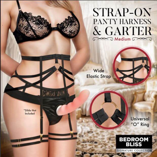 Bedroom Bliss Belle Strap On Panty Harness Garter Medium Black showcasing a stylish elastic strap design and sensual lingerie aesthetics.