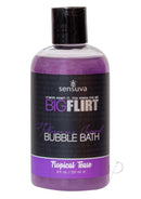 Big Flirt Pheromone Bubble Bath 8 Oz Tropical Tease bottle with purple liquid and floral design.