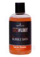Big Flirt Pheromone Bubble Bath 8 Oz Lust in Paradise bottle with vibrant label for romantic bathing experience.