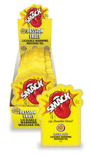 SMACK Lickable Massage Oil Passion Fruit 3 ml 36 Pc Display with vibrant packaging and single-use pouches.