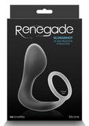 Renegade Slingshot Silicone Cock Ring with Butt Plug Black packaging with stimulating design and actual size indication.