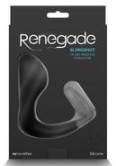 Renegade Slingshot Silicone Cock Ring with Butt Plug Black in packaging, demonstrating sleek dual-purpose design.