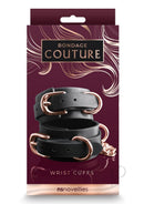 Bondage Couture Wrist Cuffs Black packaging showcasing stylish black cuffs with rose gold accents.