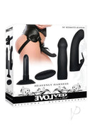 Evolved Heavenly Harness Kit Remote Control Vibrator Black with harness and interchangeable silicone sleeves.