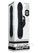 Bodacious Bunny Rechargeable Silicone Rabbit Vibrator Black in packaging with features highlighted.