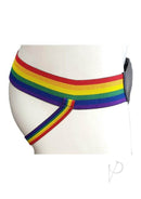 Rouge Leather Jock with Pride Stripes Large Multicolor side view showcasing vibrant rainbow colors and leather material.