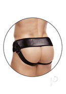 Erection Assistant Hollow Strap-On 9.5 Inch Vanilla black harness model from the back with an adjustable strap.